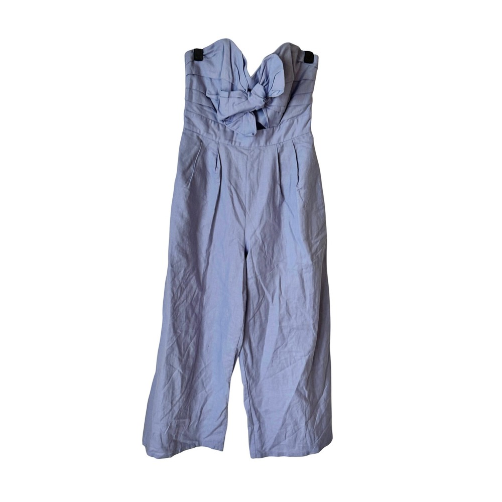 ASTR the Label Blue Cotton Linen Strapless Bow Wide Leg Jumpsuit ACP6366 Small